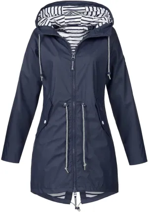 Womens Long Rain Jacket Lightweight Waterproof Windproof Rain Coat Drawstring Zip Up Windbreaker Outdoor Trench Coat