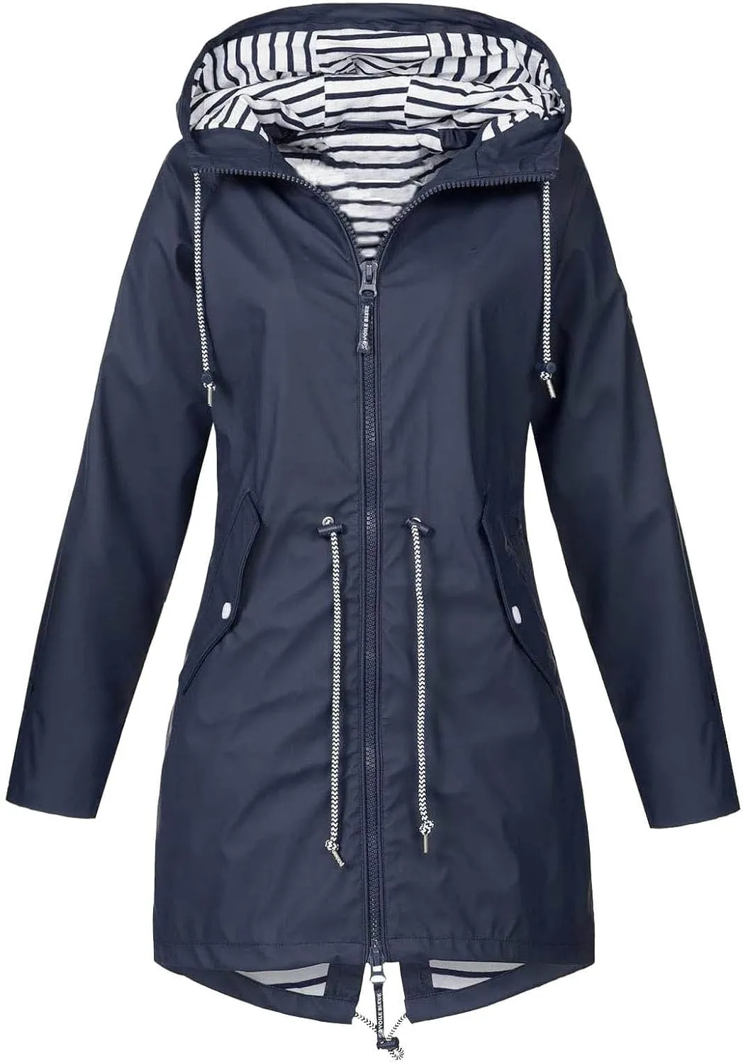 Womens Long Rain Jacket Lightweight Waterproof Windproof Rain Coat Drawstring Zip Up Windbreaker Outdoor Trench Coat