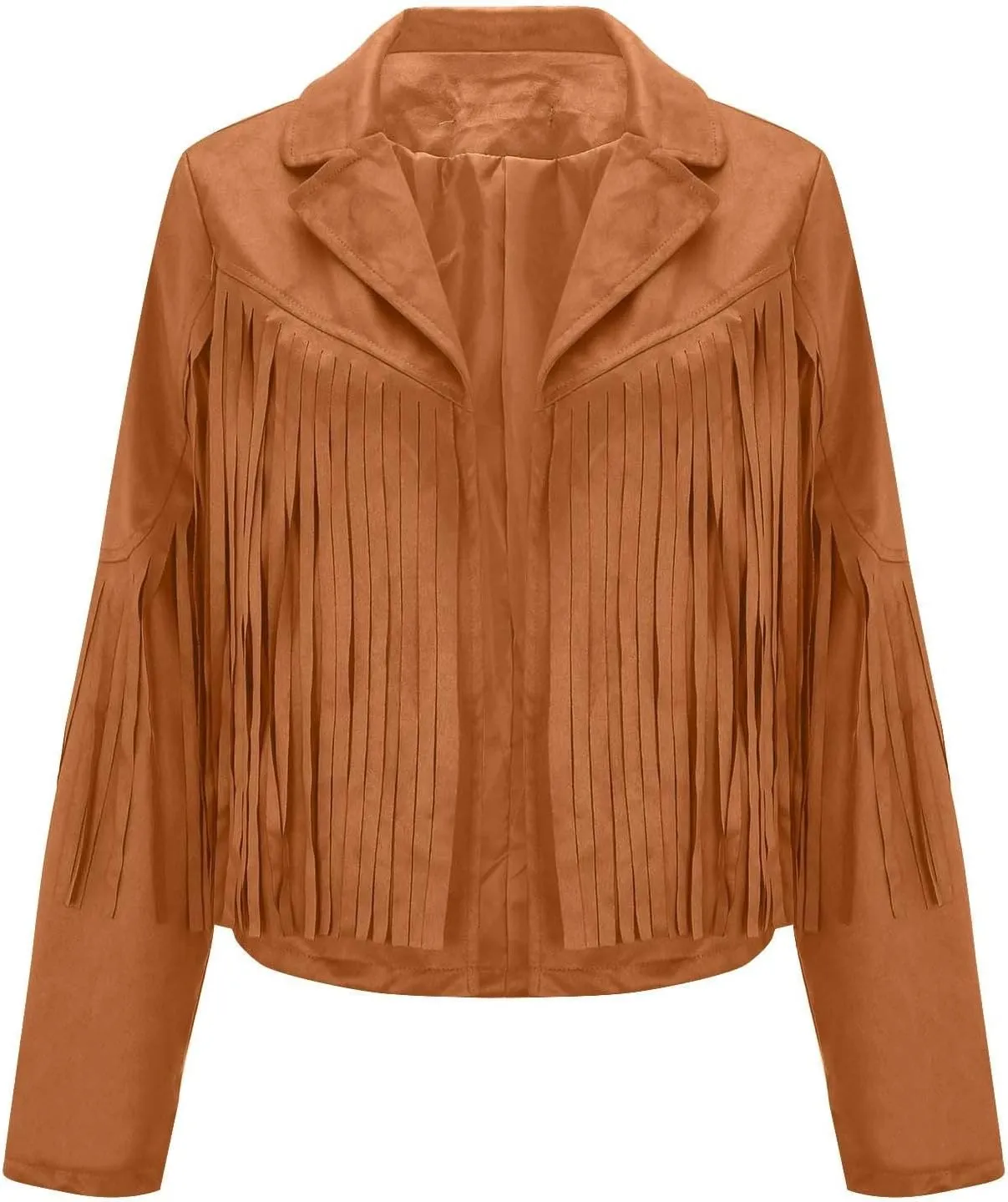 Womens Long Sleeve Fringe Coats Solid Color Open Front Leather Tassel Jacket Casual Motorcycle Biker Coat