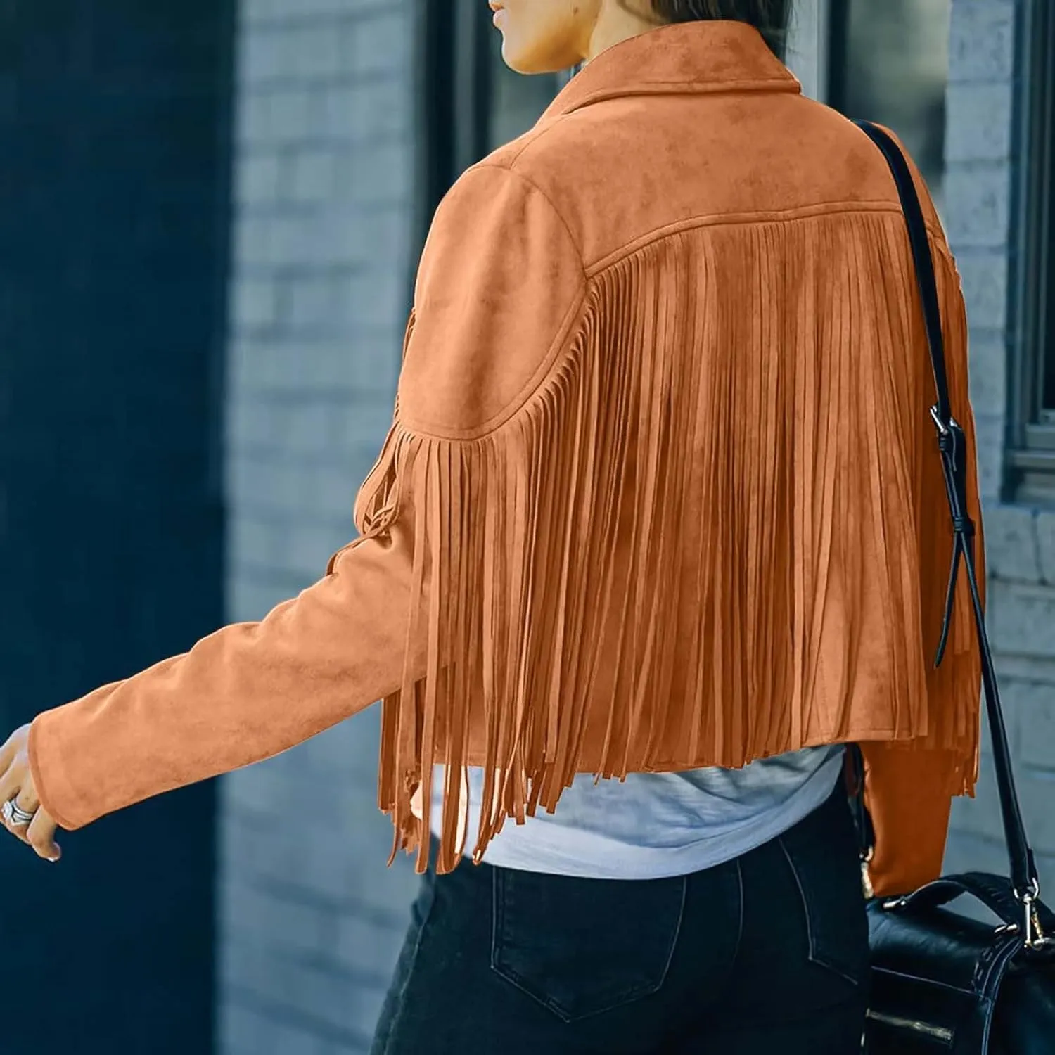 Womens Long Sleeve Fringe Coats Solid Color Open Front Leather Tassel Jacket Casual Motorcycle Biker Coat