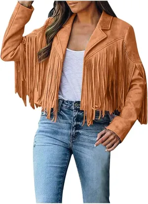 Womens Long Sleeve Fringe Coats Solid Color Open Front Leather Tassel Jacket Casual Motorcycle Biker Coat