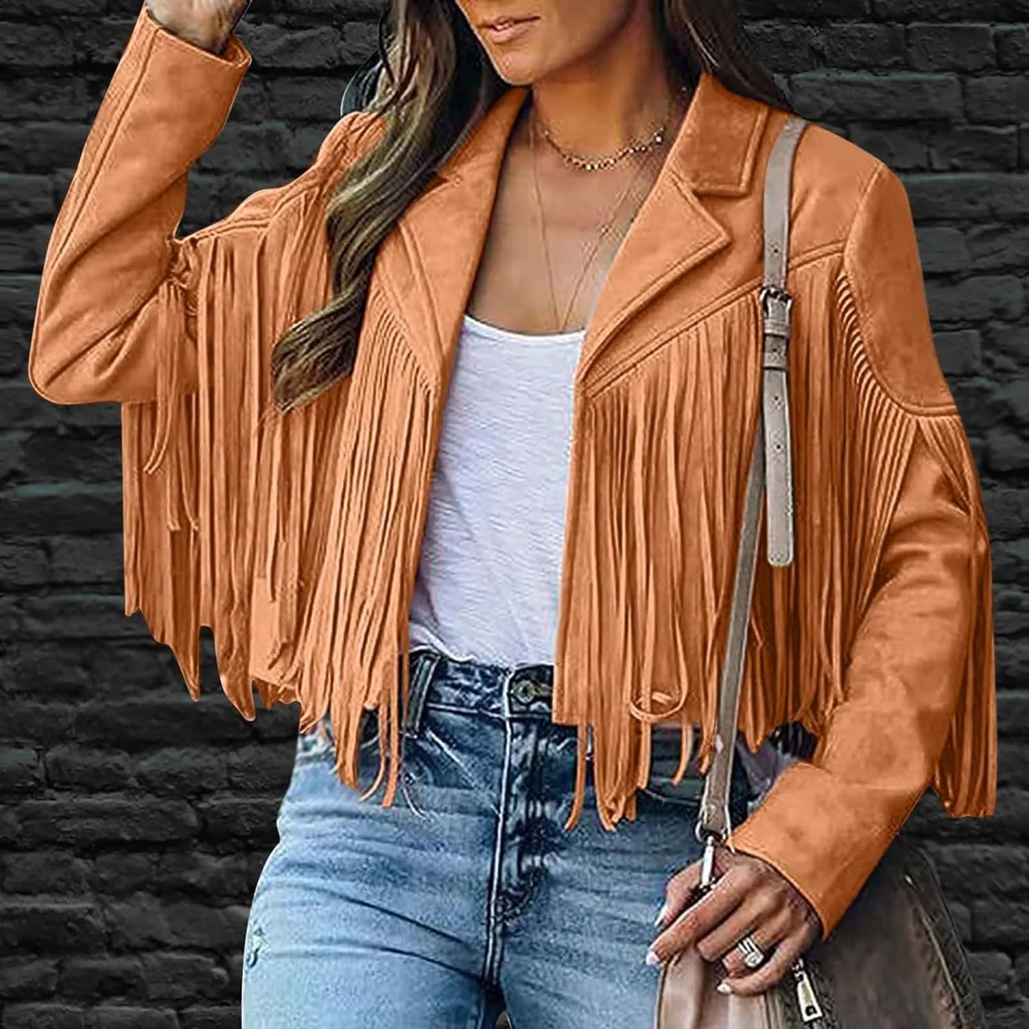 Womens Long Sleeve Fringe Coats Solid Color Open Front Leather Tassel Jacket Casual Motorcycle Biker Coat