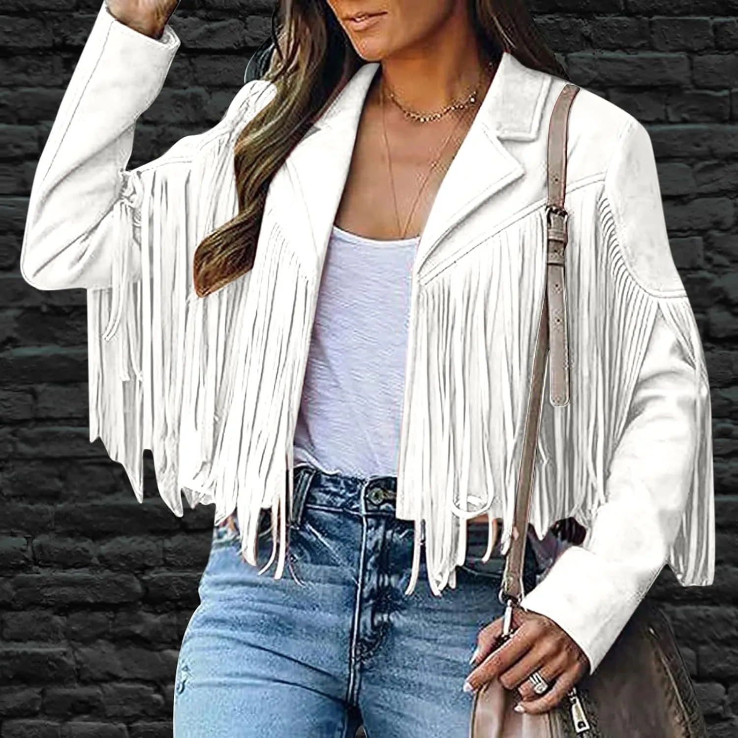 Womens Long Sleeve Fringe Coats Solid Color Open Front Leather Tassel Jacket Casual Motorcycle Biker Coat