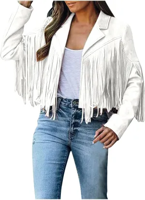 Womens Long Sleeve Fringe Coats Solid Color Open Front Leather Tassel Jacket Casual Motorcycle Biker Coat