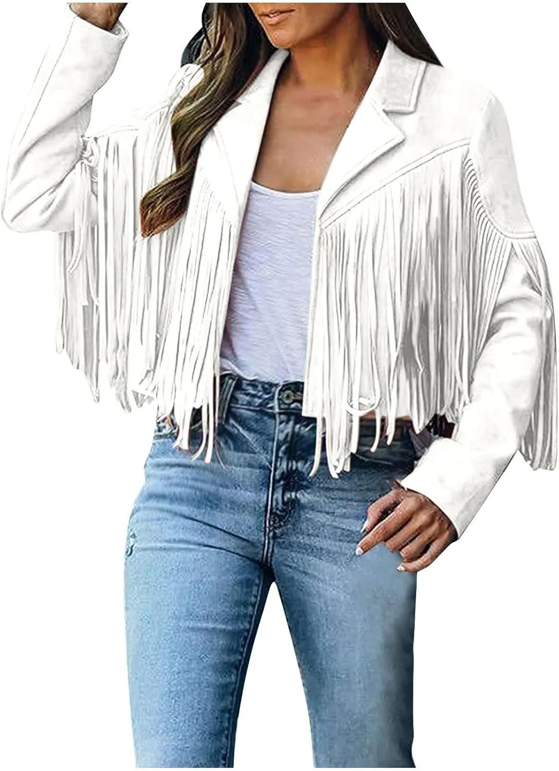 Womens Long Sleeve Fringe Coats Solid Color Open Front Leather Tassel Jacket Casual Motorcycle Biker Coat