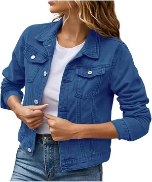 Womens Long Sleeve Jean Jacket Distressed Denim Jacket Slim Fit Basic Button Down Trucker Denim Fall Jackets