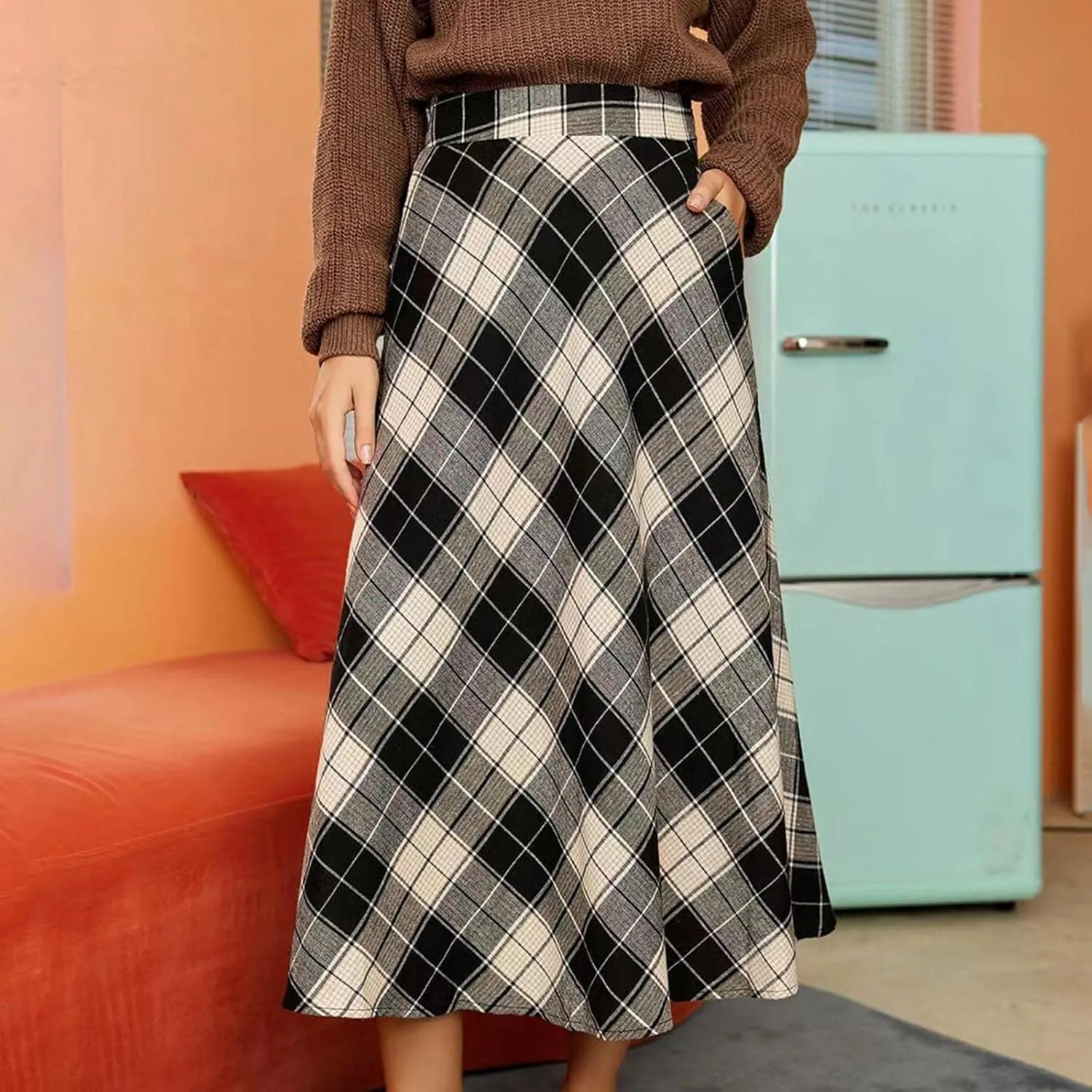 Women's Midi Plaid Skirt High Elastic Waisted A-line Vintage Flowy Spring Summer Long Skirts for Women with Pockets