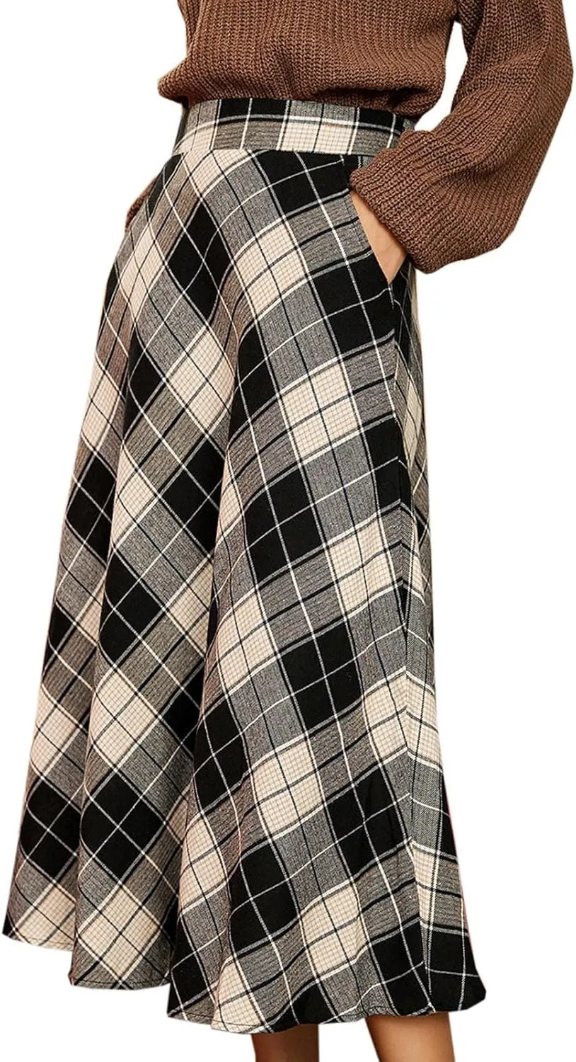 Women's Midi Plaid Skirt High Elastic Waisted A-line Vintage Flowy Spring Summer Long Skirts for Women with Pockets