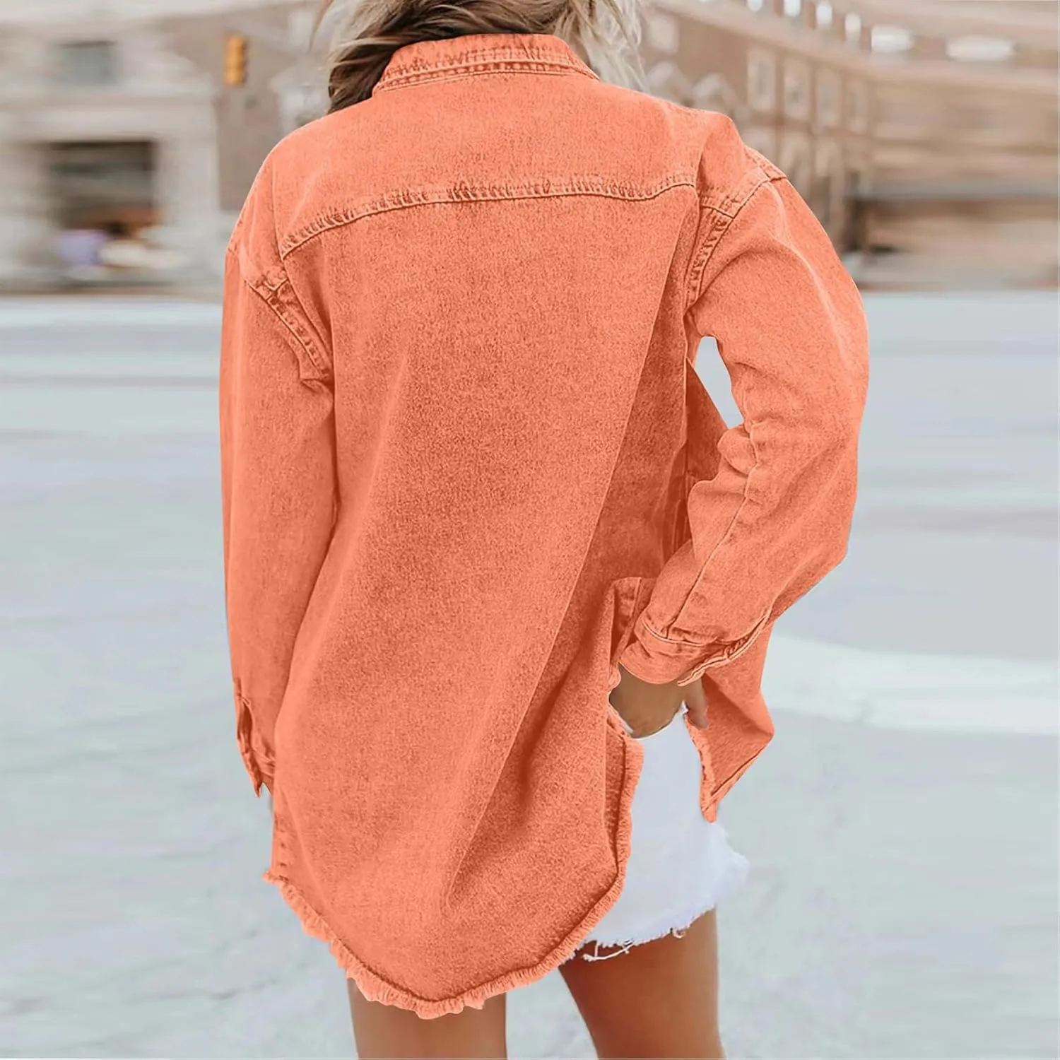 Womens Oversized Denim Jacket Lightweight Button Up Frayed Hem Shacket Long Sleeve Boyfriend Jean Jackets