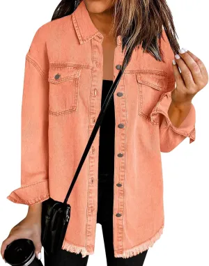 Womens Oversized Denim Jacket Lightweight Button Up Frayed Hem Shacket Long Sleeve Boyfriend Jean Jackets