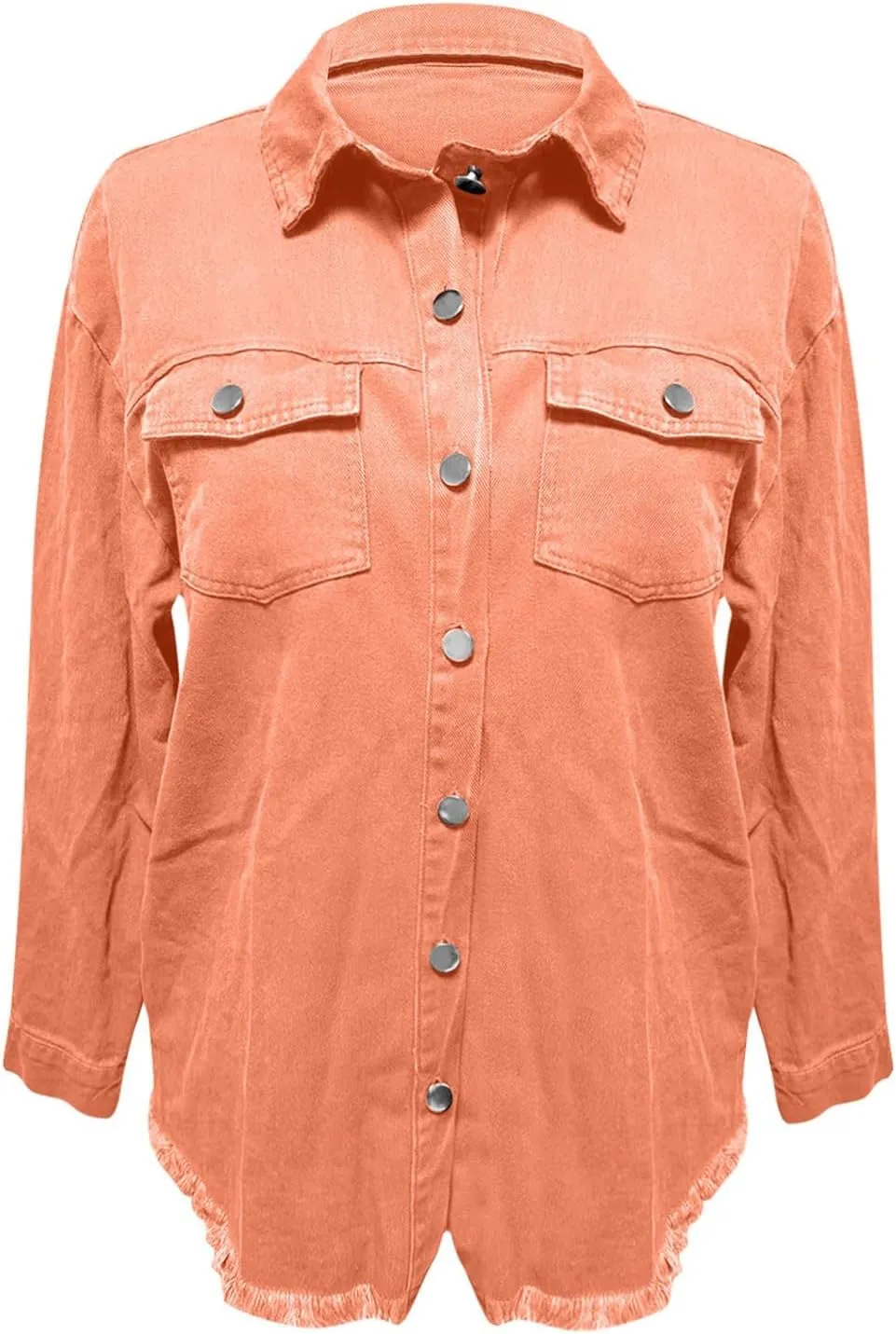 Womens Oversized Denim Jacket Lightweight Button Up Frayed Hem Shacket Long Sleeve Boyfriend Jean Jackets