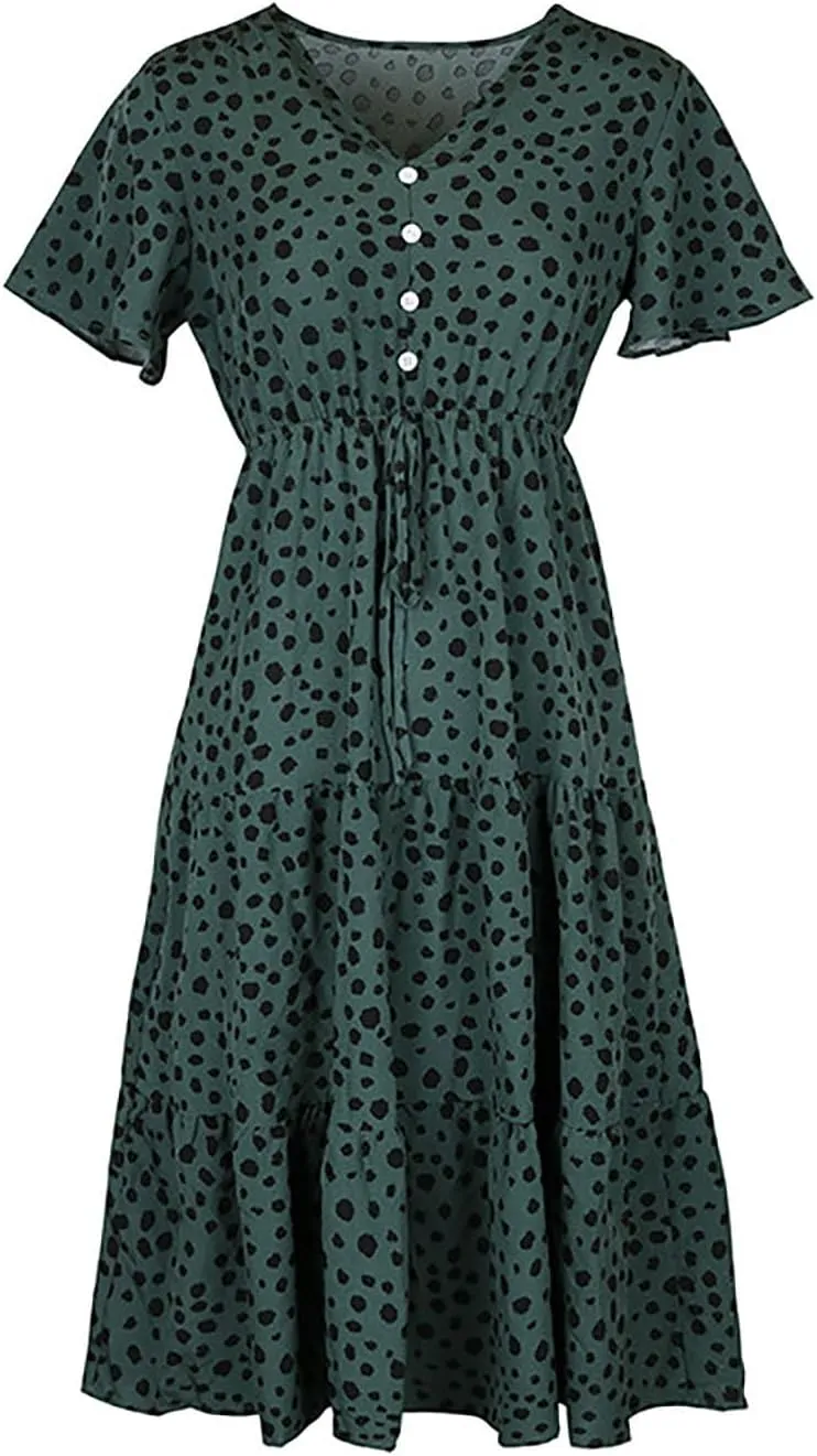 Womens Peplum Dress Summer Short Sleeve V Neck Beach Dresses Drawstring Waist A-Line Flowy Midi Dress for Vacation