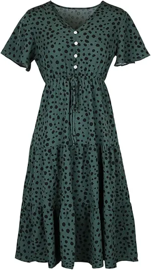Womens Peplum Dress Summer Short Sleeve V Neck Beach Dresses Drawstring Waist A-Line Flowy Midi Dress for Vacation