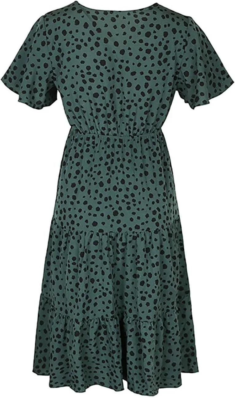 Womens Peplum Dress Summer Short Sleeve V Neck Beach Dresses Drawstring Waist A-Line Flowy Midi Dress for Vacation