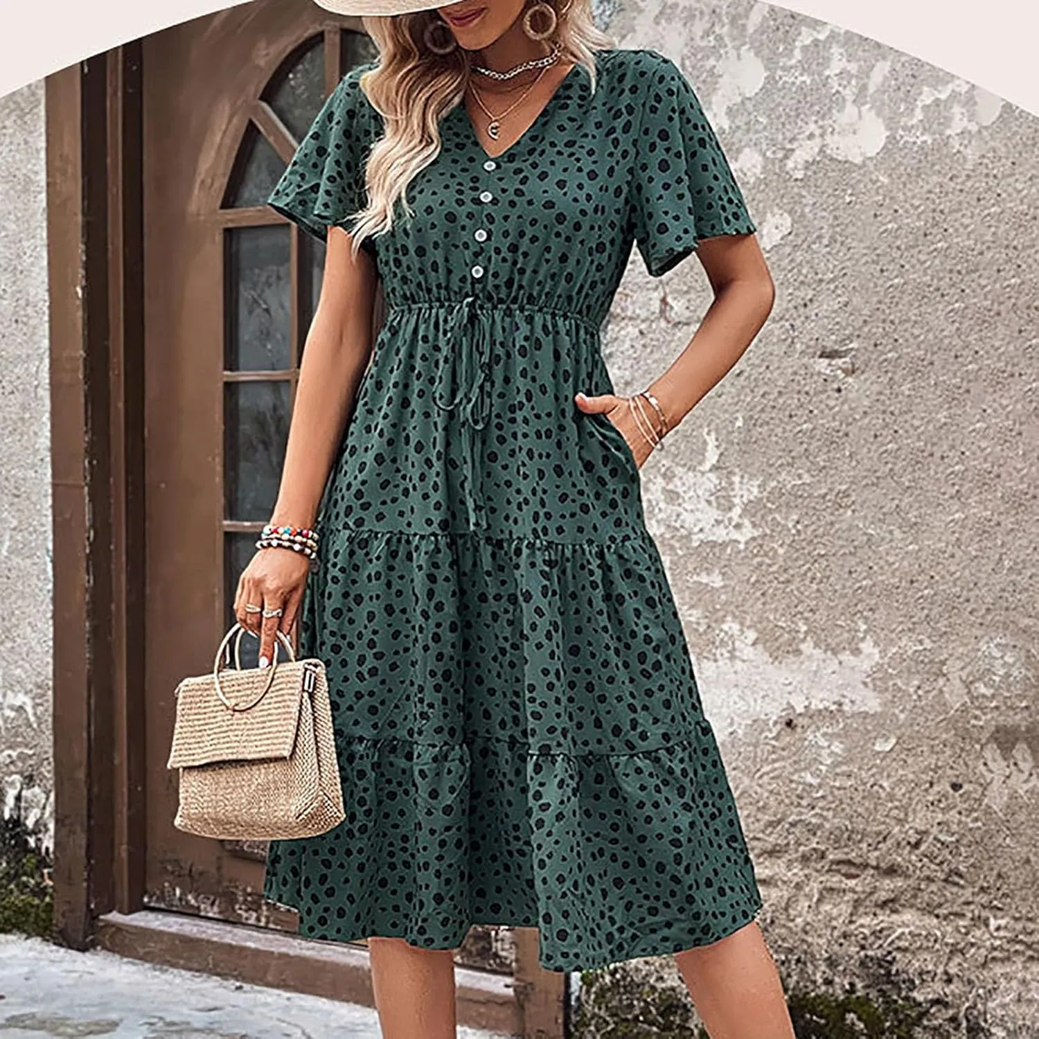 Womens Peplum Dress Summer Short Sleeve V Neck Beach Dresses Drawstring Waist A-Line Flowy Midi Dress for Vacation
