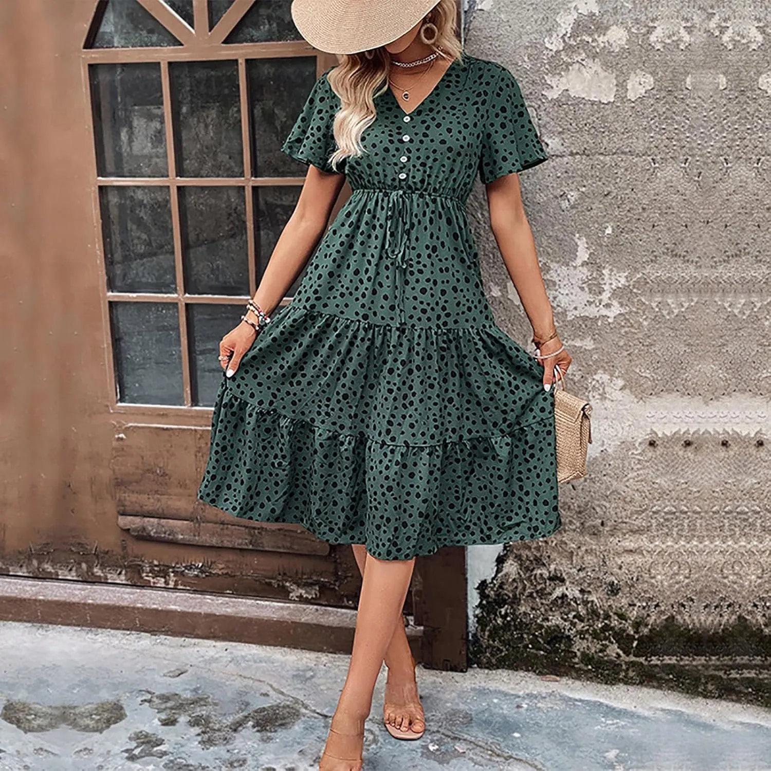 Womens Peplum Dress Summer Short Sleeve V Neck Beach Dresses Drawstring Waist A-Line Flowy Midi Dress for Vacation