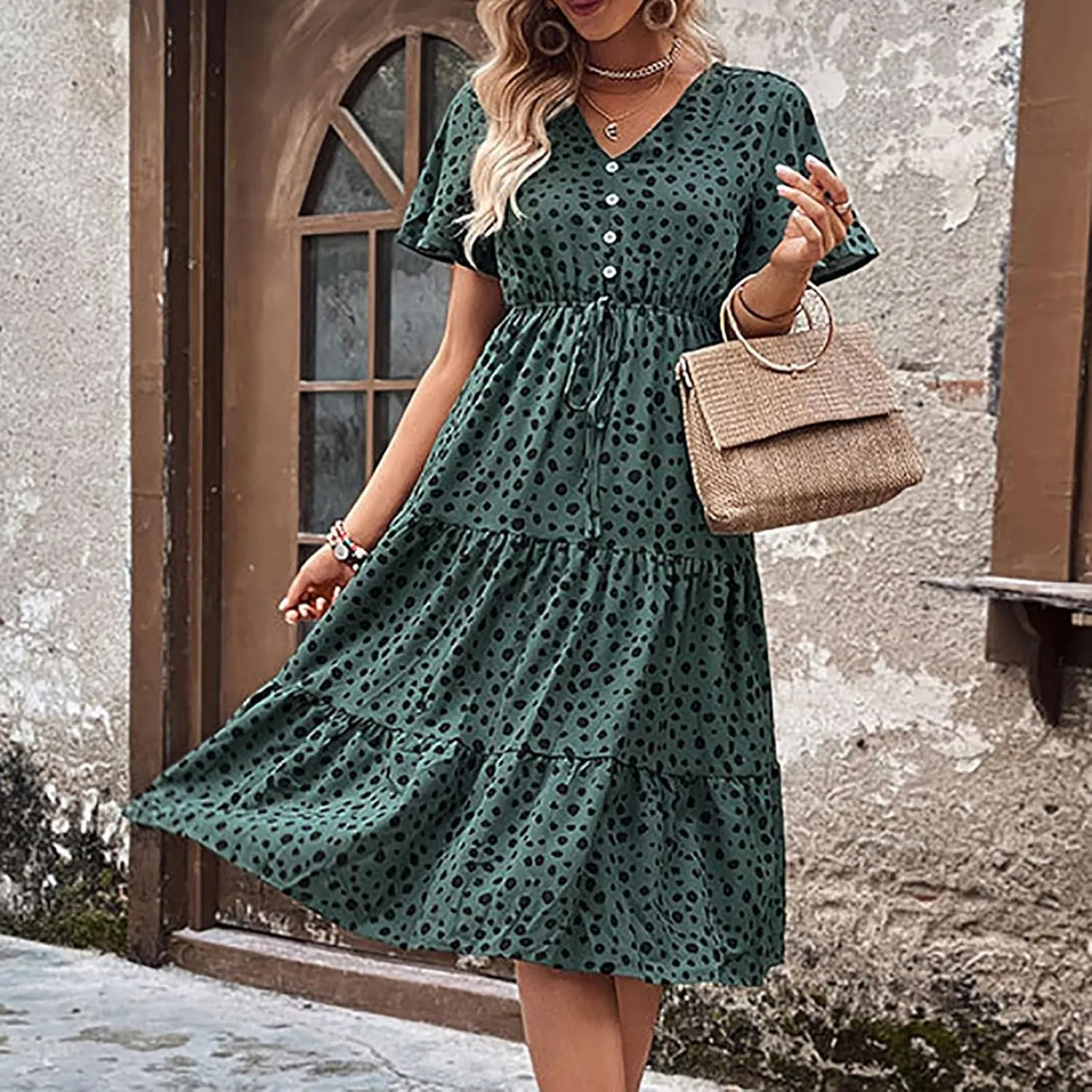 Womens Peplum Dress Summer Short Sleeve V Neck Beach Dresses Drawstring Waist A-Line Flowy Midi Dress for Vacation