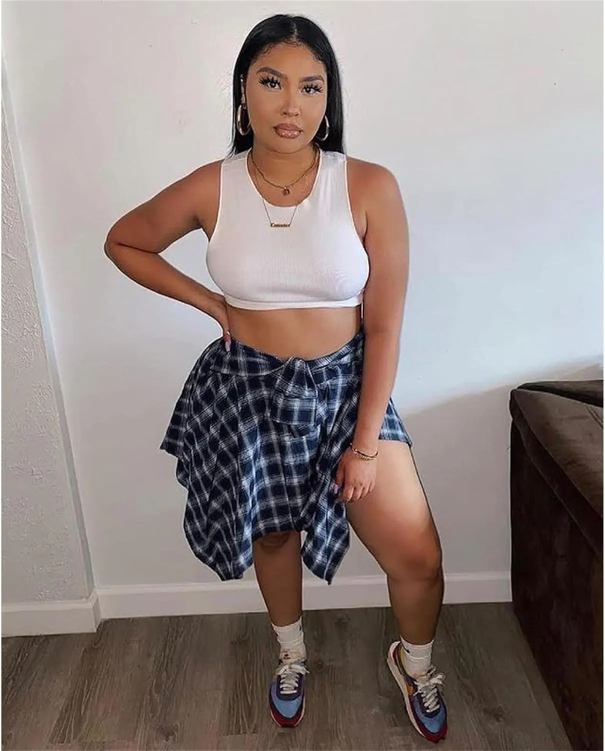 Women's Plaid Skirts High Waisted Knot Front Asymmetrical Hem Mini Skater Skirt