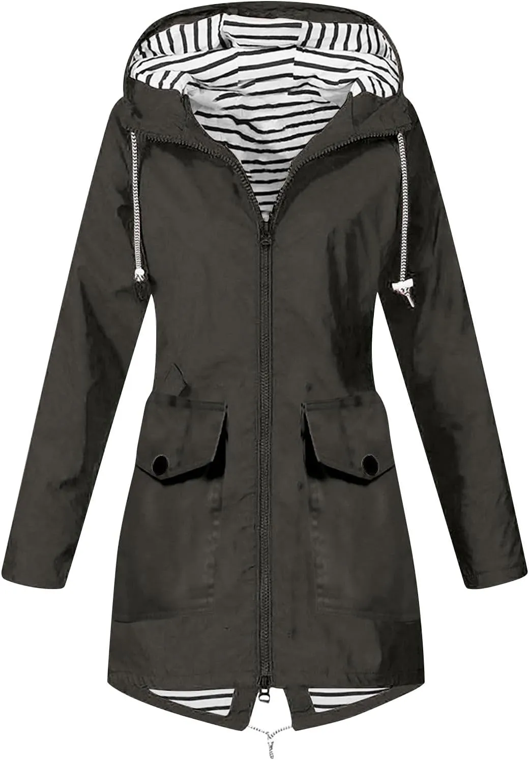 Womens Rain Coat Waterproof Dressy Zip Up Rain Jacket with Pockets Button Fall Raincoat Windbreaker with Hood