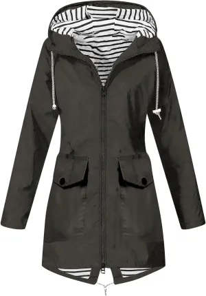 Womens Rain Coat Waterproof Dressy Zip Up Rain Jacket with Pockets Button Fall Raincoat Windbreaker with Hood