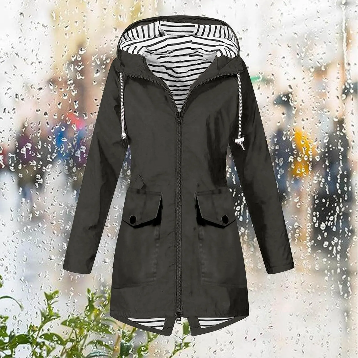 Womens Rain Coat Waterproof Dressy Zip Up Rain Jacket with Pockets Button Fall Raincoat Windbreaker with Hood