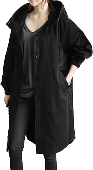Women's Rain Jacket Button Waterproof Windbreaker Outdoor Trench Coat, S-5XL