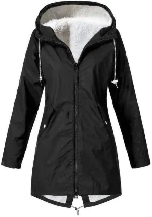 Women's Raincoats Fleece Lined Warm Winter Coats Long Sleeve Waterproof Rain Jackets Hooded Long Trench Coats