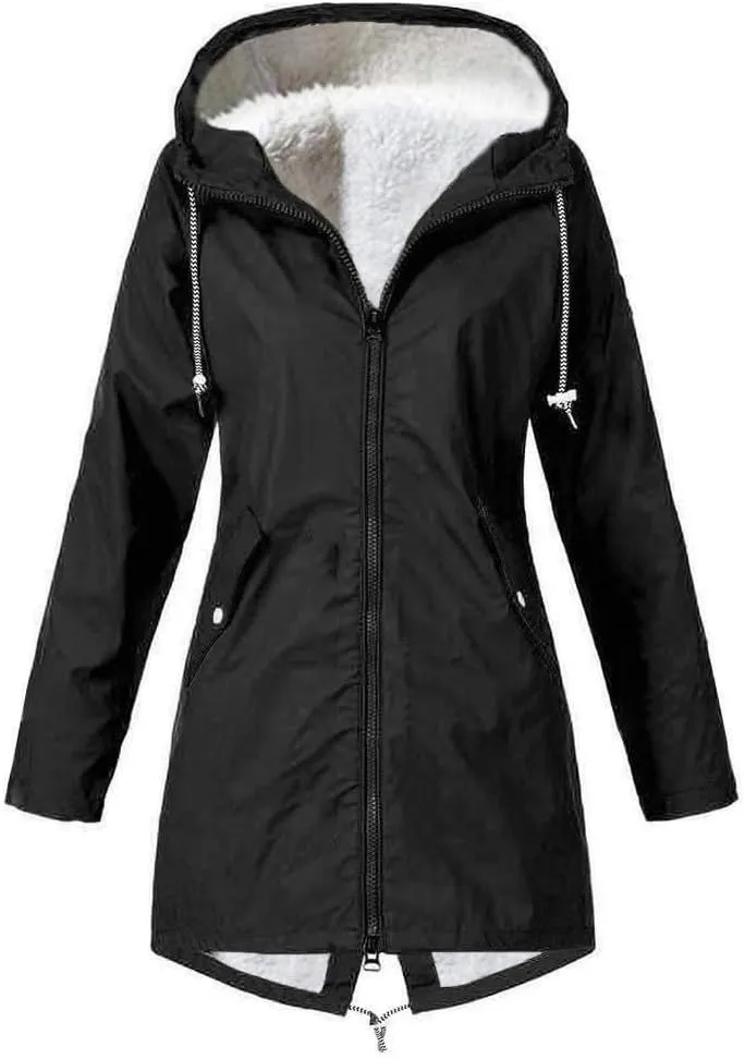 Women's Raincoats Fleece Lined Warm Winter Coats Long Sleeve Waterproof Rain Jackets Hooded Long Trench Coats