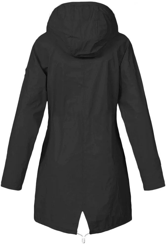Women's Raincoats Fleece Lined Warm Winter Coats Long Sleeve Waterproof Rain Jackets Hooded Long Trench Coats