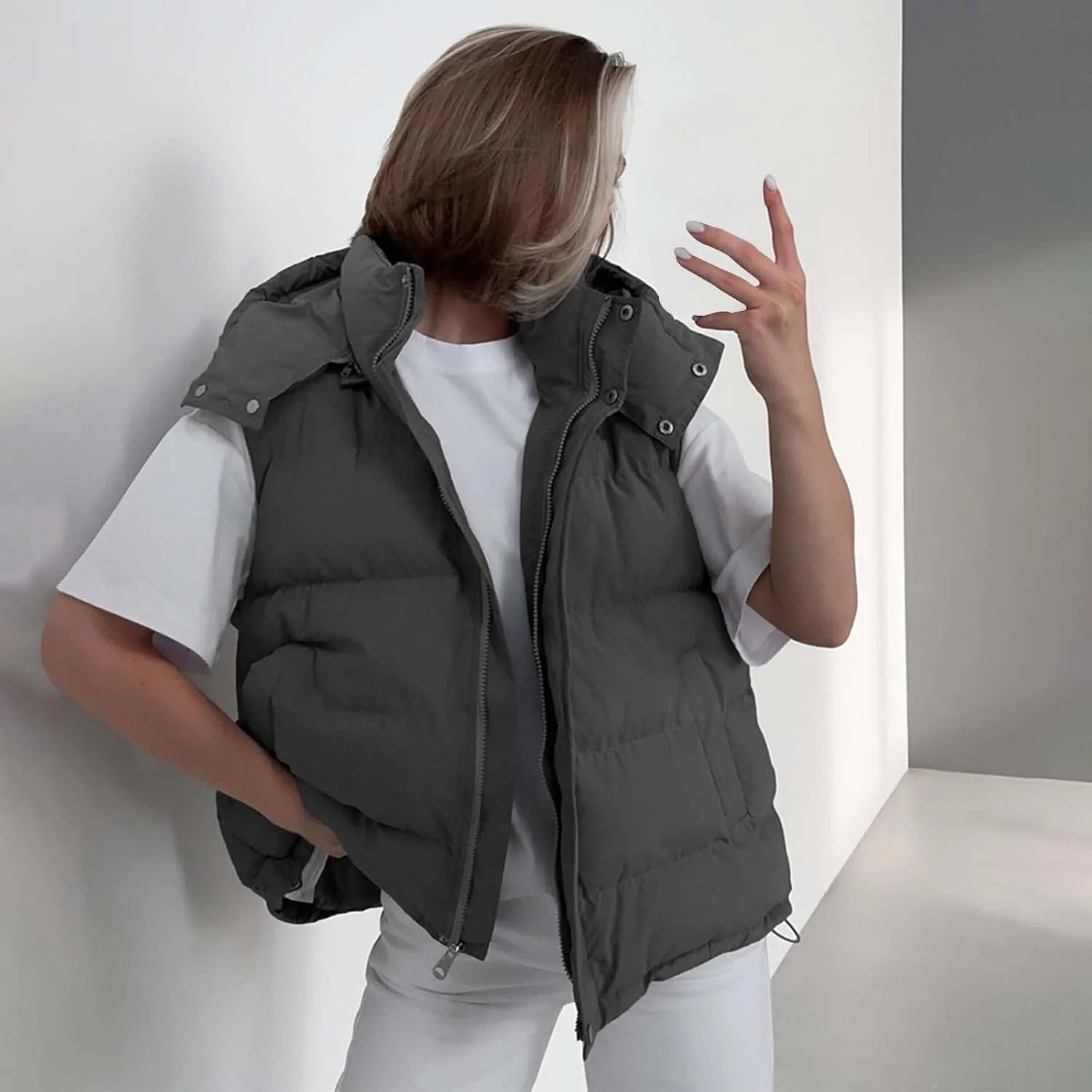 Women's Solid Color Cotton Padded Vest Fashionable and Sexy Sleeveless Hooded Jacket for Autumn and Eiderdown Womens Coat