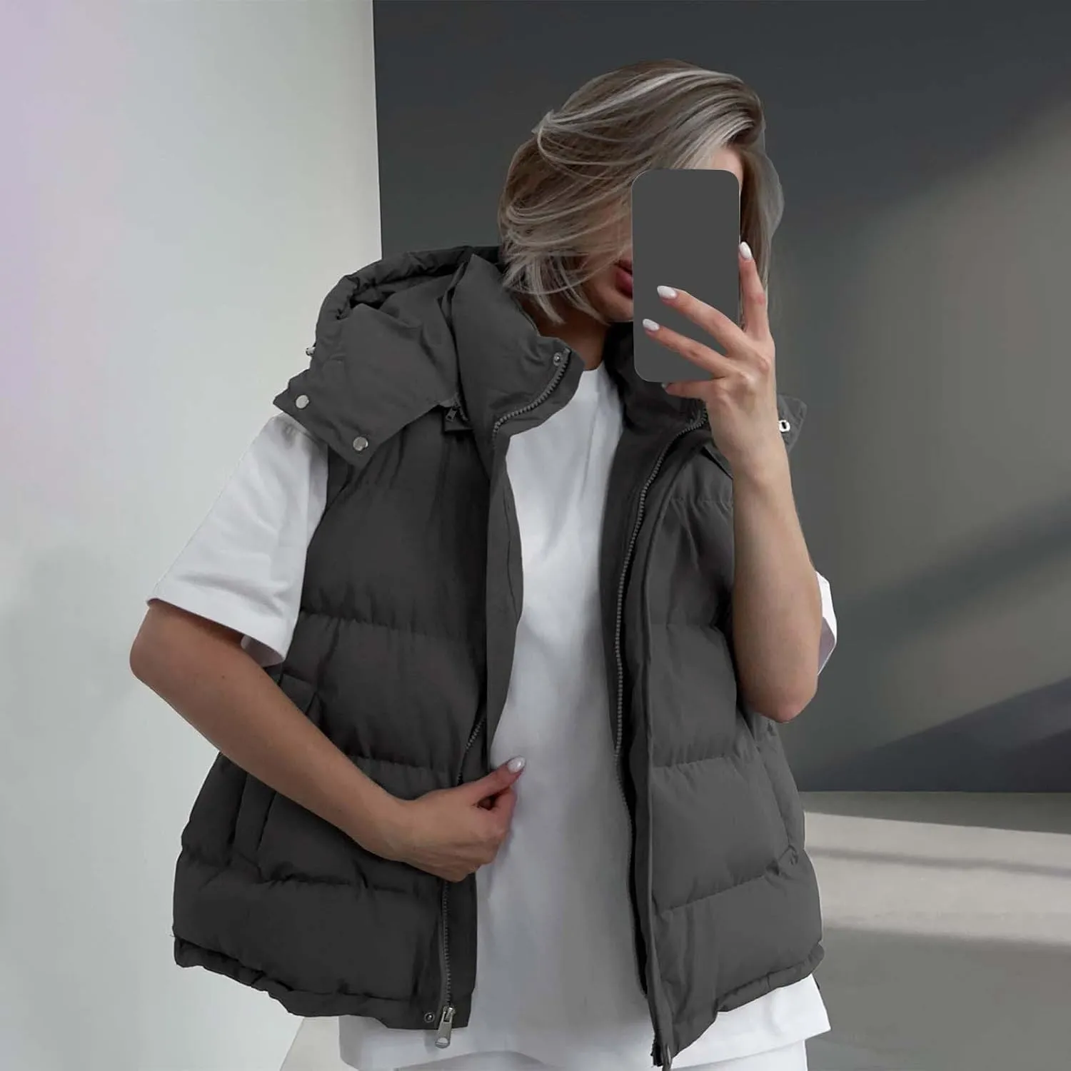 Women's Solid Color Cotton Padded Vest Fashionable and Sexy Sleeveless Hooded Jacket for Autumn and Eiderdown Womens Coat