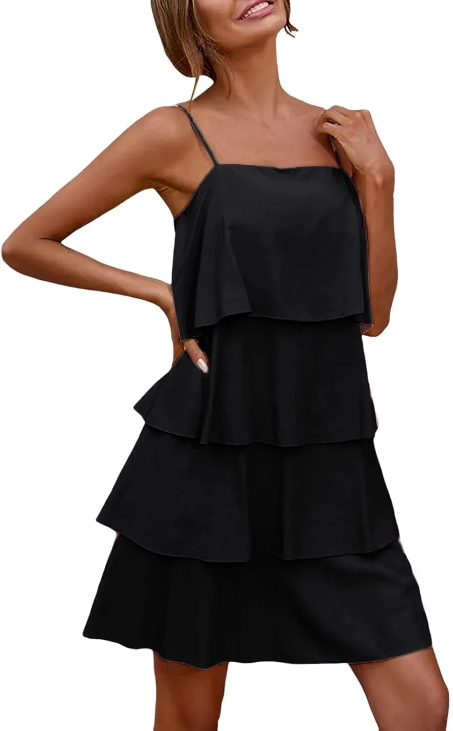 Womens Summer Dresses Square Neck Spaghetti Strap Dress Casual Sleeveless Tiered Aline Dress Flowy Ruffle Mini Dress