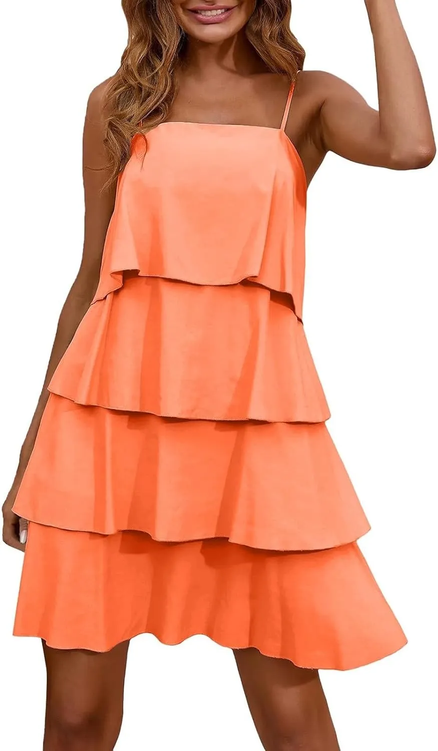 Womens Summer Dresses Square Neck Spaghetti Strap Dress Casual Sleeveless Tiered Aline Dress Flowy Ruffle Mini Dress