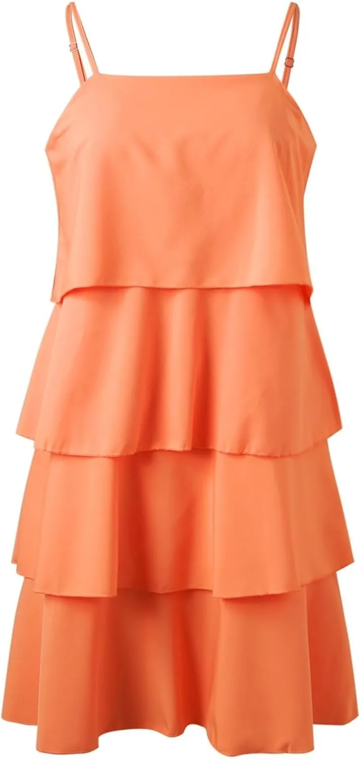 Womens Summer Dresses Square Neck Spaghetti Strap Dress Casual Sleeveless Tiered Aline Dress Flowy Ruffle Mini Dress