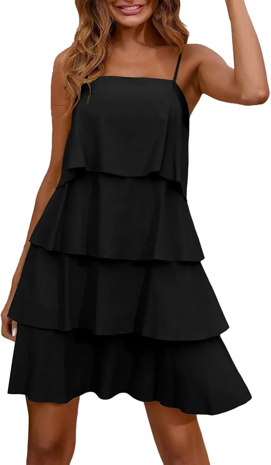 Womens Summer Dresses Square Neck Spaghetti Strap Dress Casual Sleeveless Tiered Aline Dress Flowy Ruffle Mini Dress