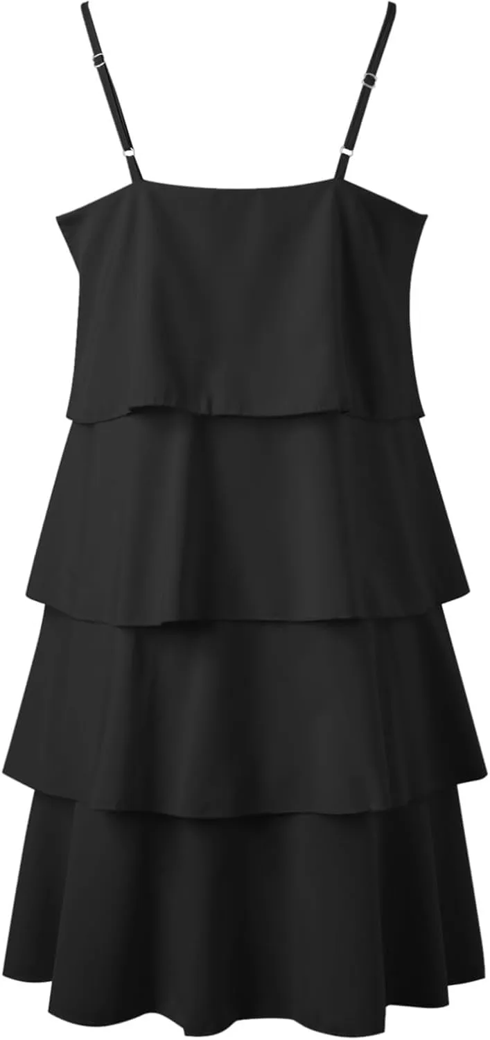 Womens Summer Dresses Square Neck Spaghetti Strap Dress Casual Sleeveless Tiered Aline Dress Flowy Ruffle Mini Dress