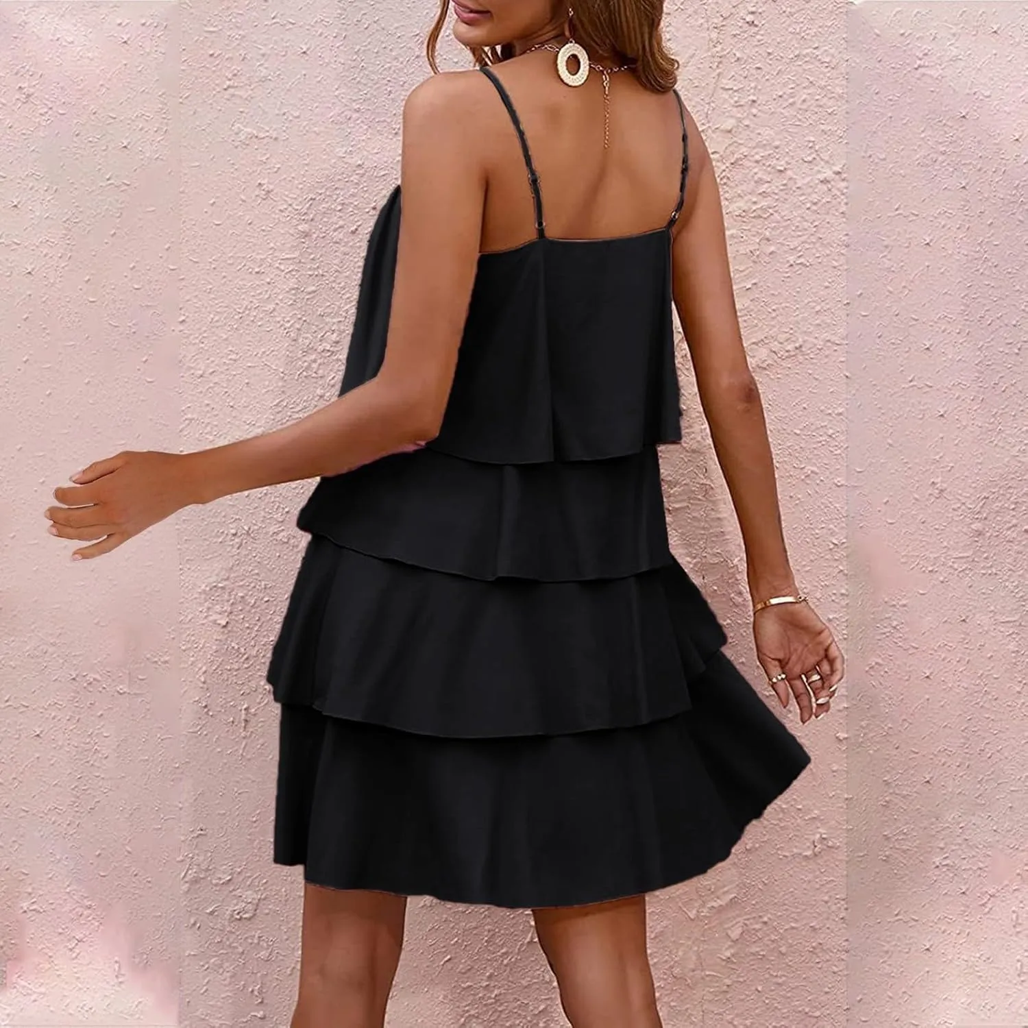 Womens Summer Dresses Square Neck Spaghetti Strap Dress Casual Sleeveless Tiered Aline Dress Flowy Ruffle Mini Dress