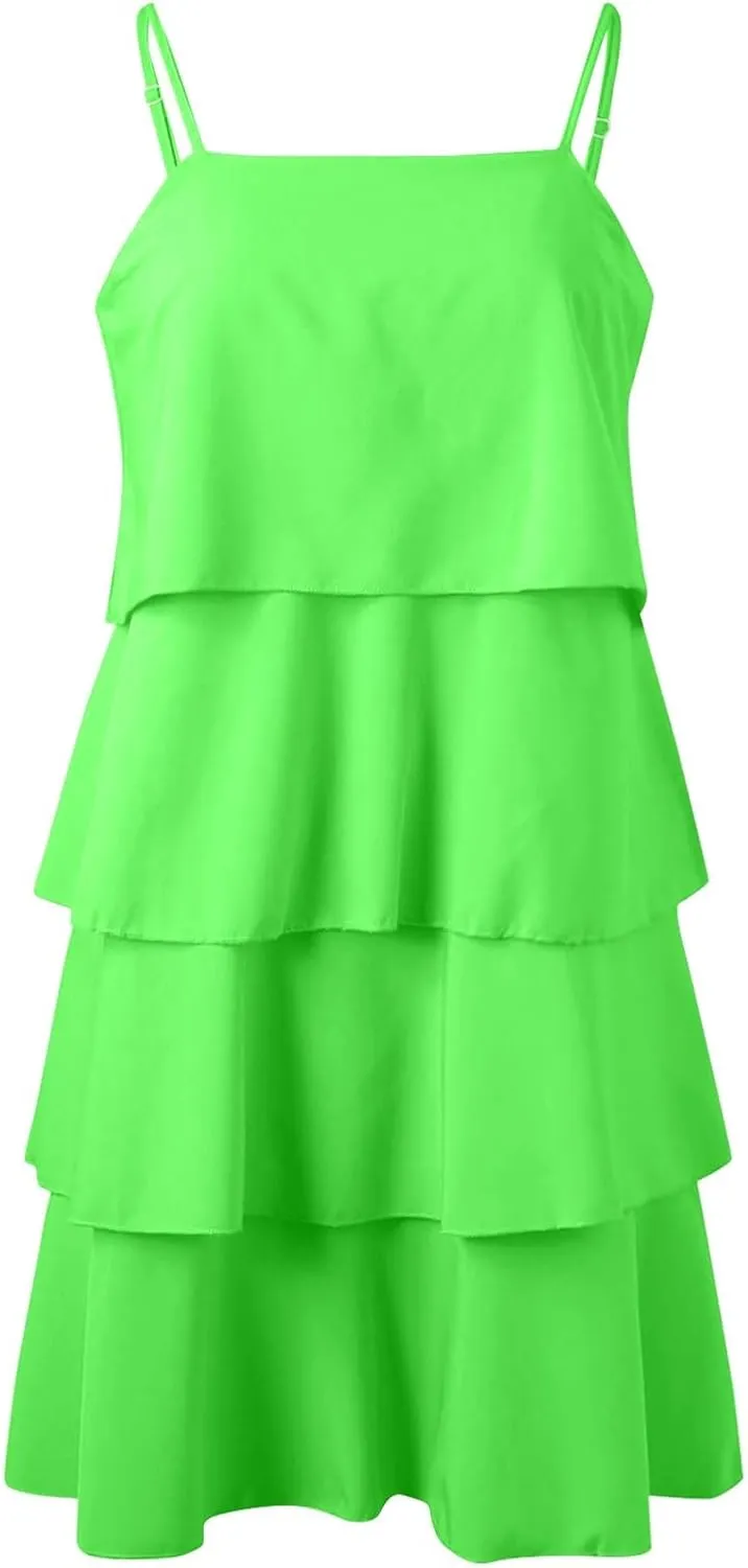 Womens Summer Dresses Square Neck Spaghetti Strap Dress Casual Sleeveless Tiered Aline Dress Flowy Ruffle Mini Dress