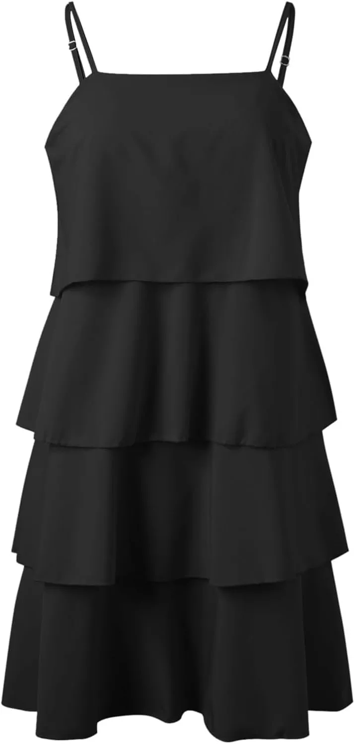 Womens Summer Dresses Square Neck Spaghetti Strap Dress Casual Sleeveless Tiered Aline Dress Flowy Ruffle Mini Dress