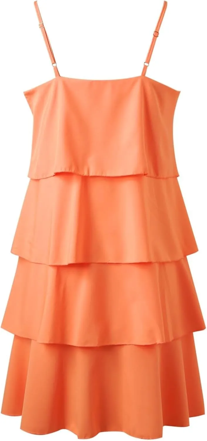Womens Summer Dresses Square Neck Spaghetti Strap Dress Casual Sleeveless Tiered Aline Dress Flowy Ruffle Mini Dress