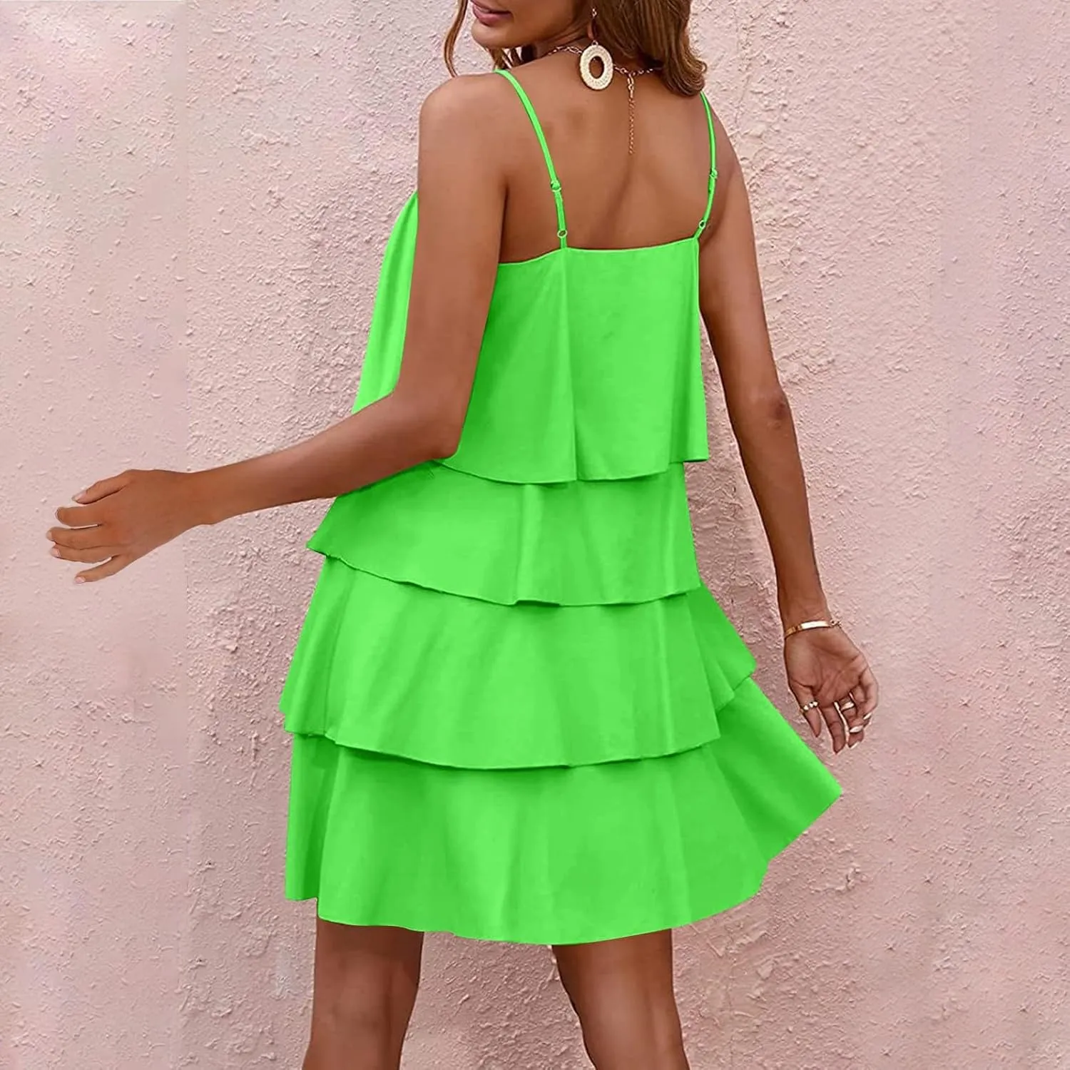 Womens Summer Dresses Square Neck Spaghetti Strap Dress Casual Sleeveless Tiered Aline Dress Flowy Ruffle Mini Dress