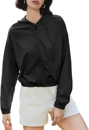 Wyeysyt Women's UPF 50  UV Sun Protection Cropped Jackets Athletic Running Workout Zip Up Hoodie Outdoor Jackets