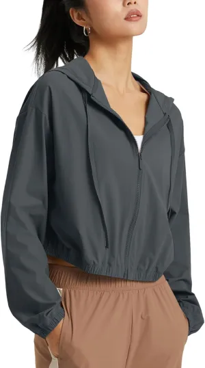 Wyeysyt Women's UPF 50  UV Sun Protection Cropped Jackets Athletic Running Workout Zip Up Hoodie Outdoor Jackets