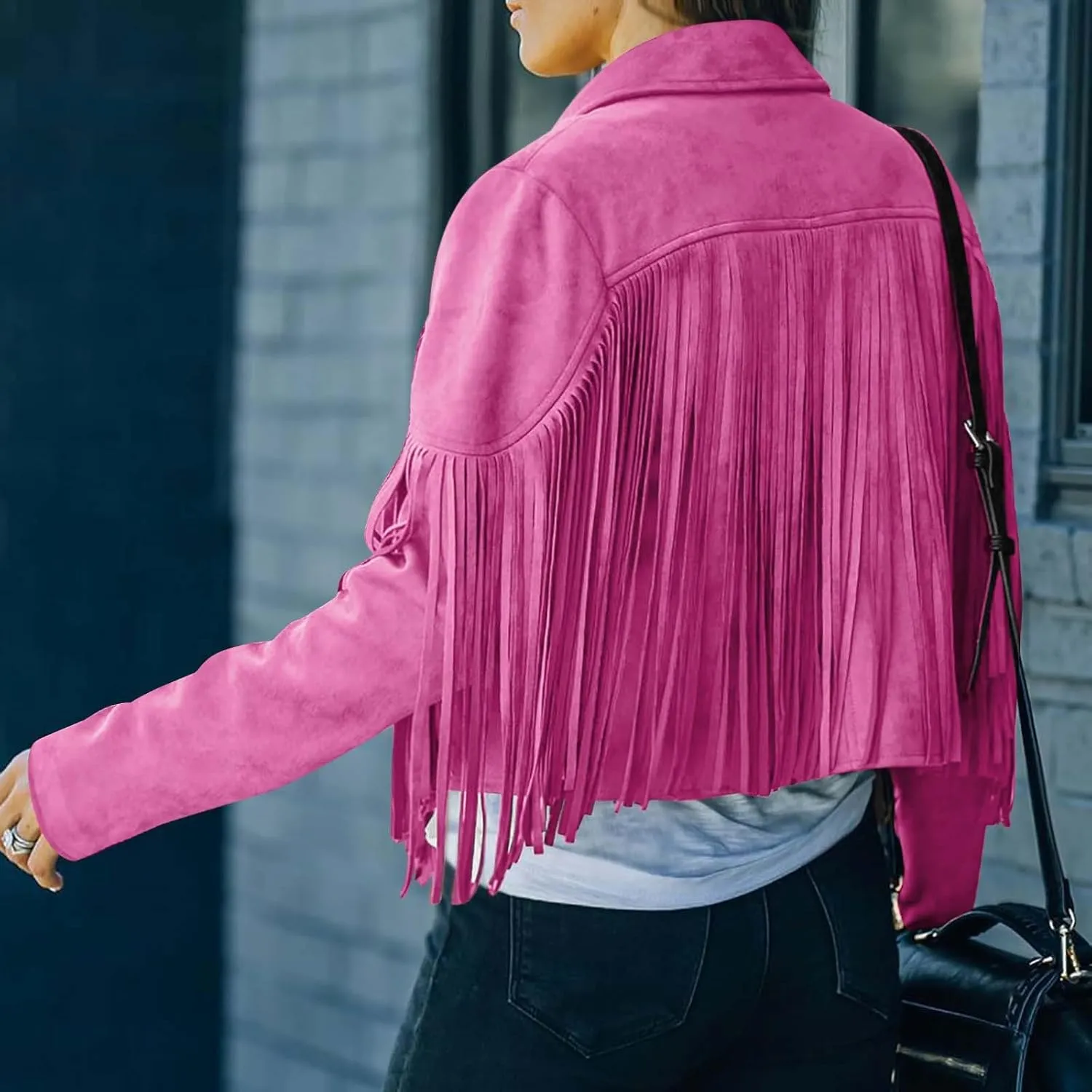 Xiaojmake Women's Fringe Jackets Faux Suede Leather Jackets Tassel Motorcycle Cropped Coats Lapel Open Front Blazer Jacket