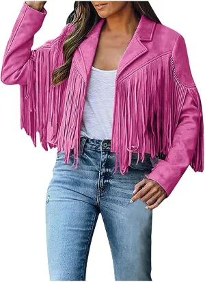 Xiaojmake Women's Fringe Jackets Faux Suede Leather Jackets Tassel Motorcycle Cropped Coats Lapel Open Front Blazer Jacket