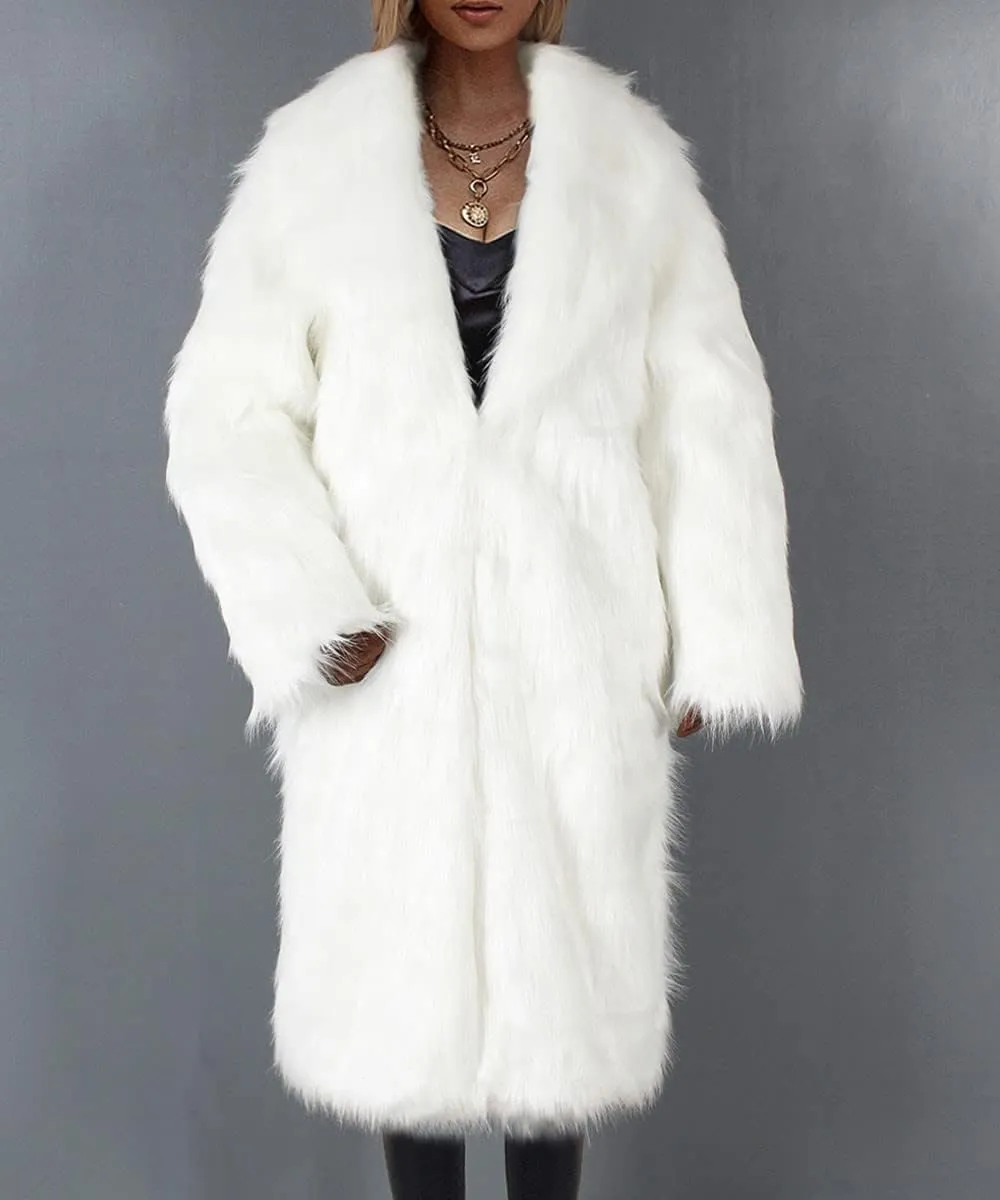 XUNRYAN Women Shaggy Winter Warm Faux-Fur Coat Maxi Long Fleece Plush Jackets Notch Lapel Cardigan Trench Coats Outerwear