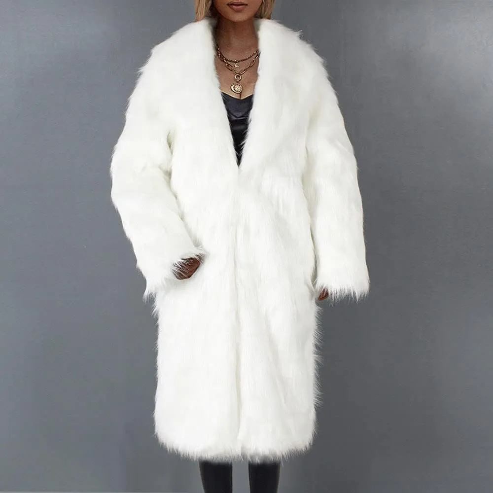 XUNRYAN Women Shaggy Winter Warm Faux-Fur Coat Maxi Long Fleece Plush Jackets Notch Lapel Cardigan Trench Coats Outerwear