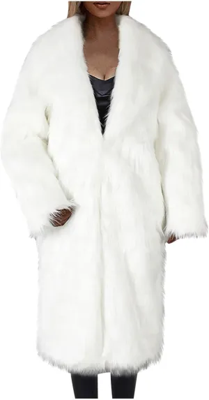 XUNRYAN Women Shaggy Winter Warm Faux-Fur Coat Maxi Long Fleece Plush Jackets Notch Lapel Cardigan Trench Coats Outerwear