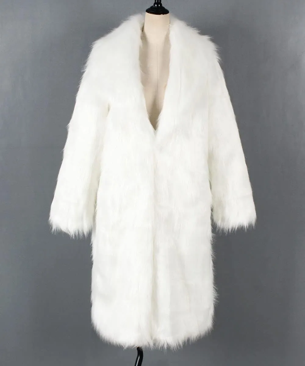 XUNRYAN Women Shaggy Winter Warm Faux-Fur Coat Maxi Long Fleece Plush Jackets Notch Lapel Cardigan Trench Coats Outerwear