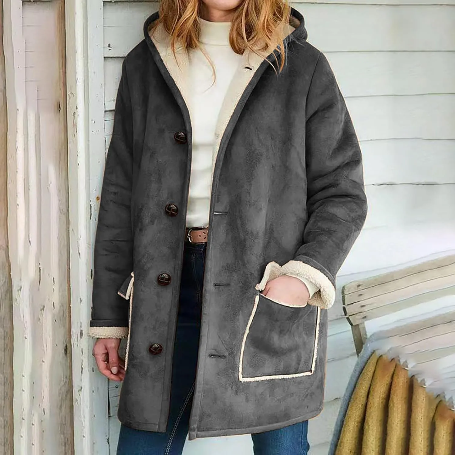 XUNRYAN Womens Fashion Suede Sherpa Fleece Jacket Trench Coats Thicken Winter Warm Sherpa Coat Hooded Peacoat Shearling Parka